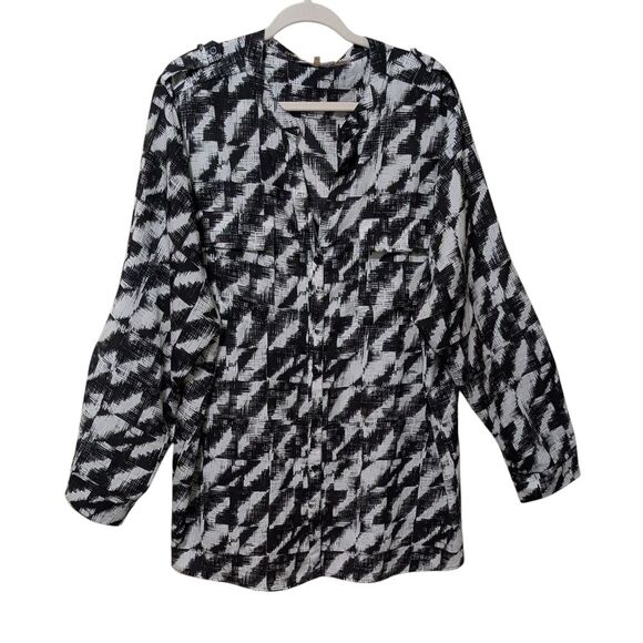 Calvin Klein black white abstract print long sleeve top plus size 3X collar - Picture 1 of 10